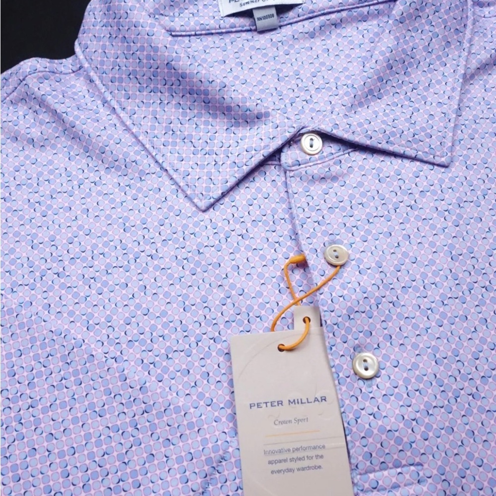 COPY - NEW! PETER MILLAR GOLF POLO SHIRT -L- PURPLE BLUE WHITE DOT POLY SUMMER …